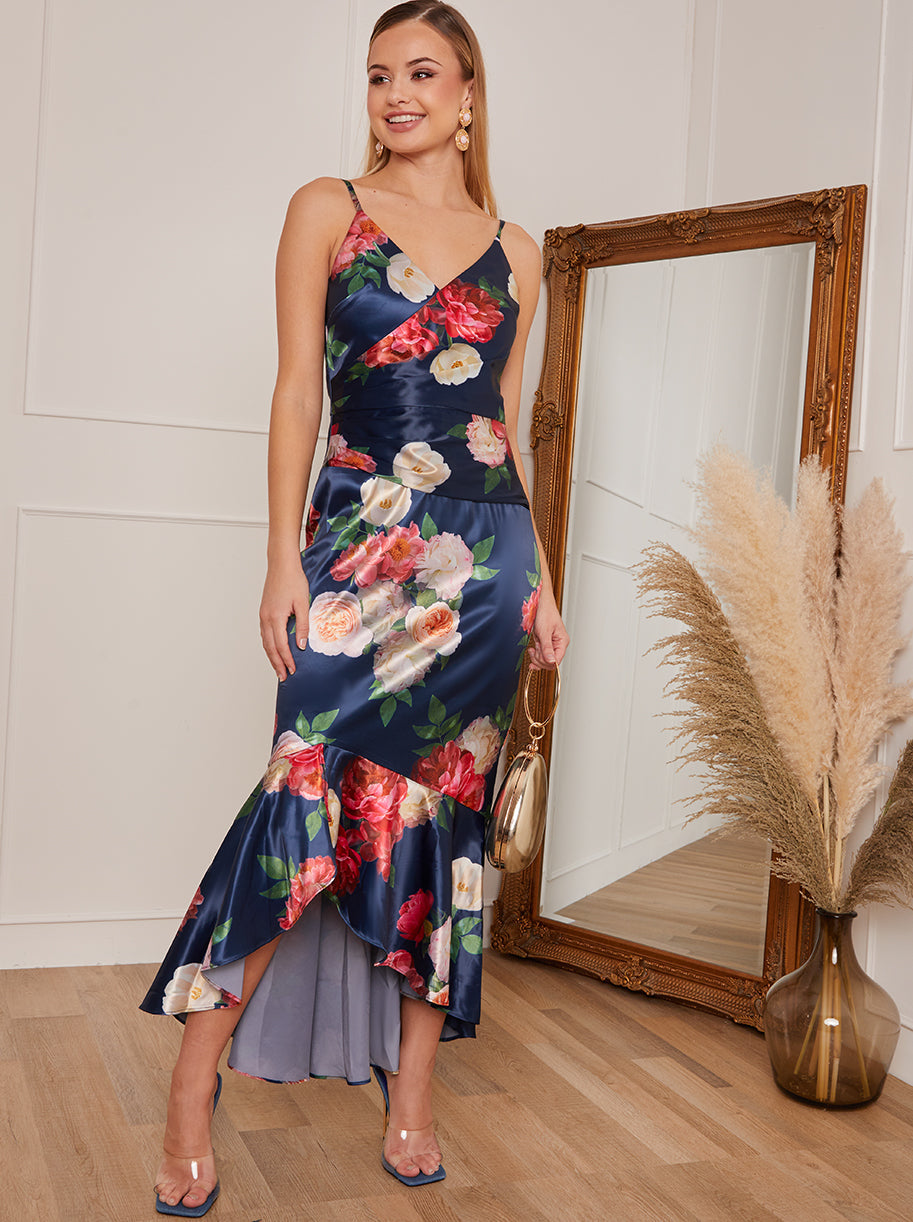 Petite Sleeveless Floral Print Ruffle Hem Midi Dress in Navy