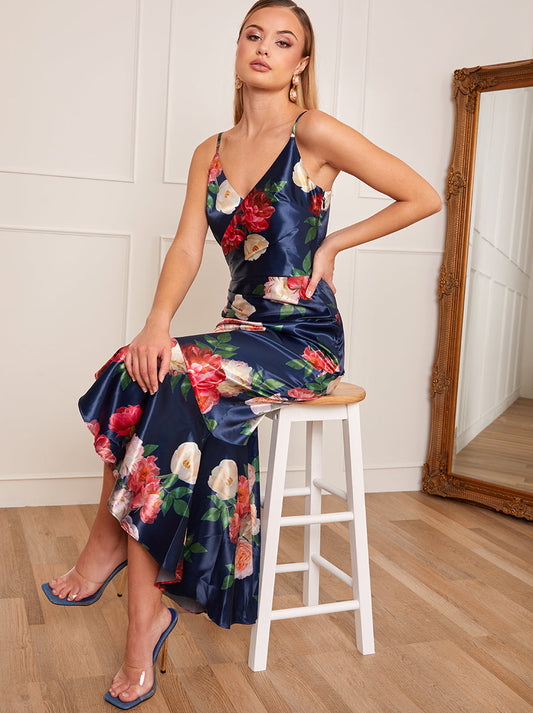 Petite Sleeveless Floral Print Ruffle Hem Midi Dress in Navy