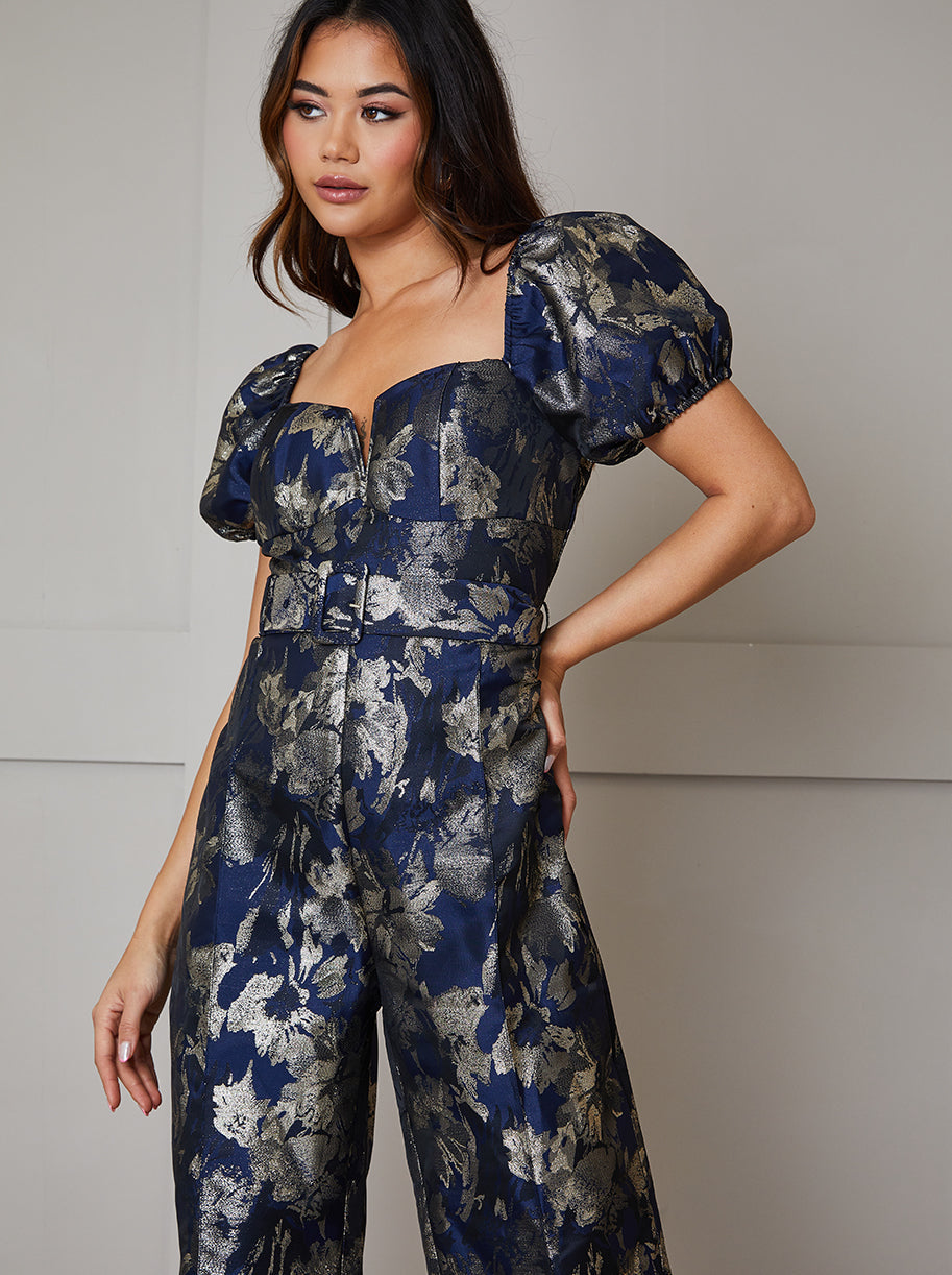 Petite Puff Sleeve Jacquard Wide Leg Jumpsuit in Navy