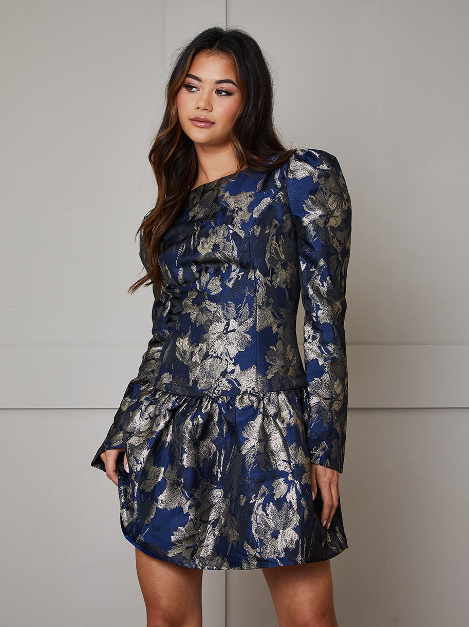 Long Sleeve Pephem Jacquard Mini Dress in Navy