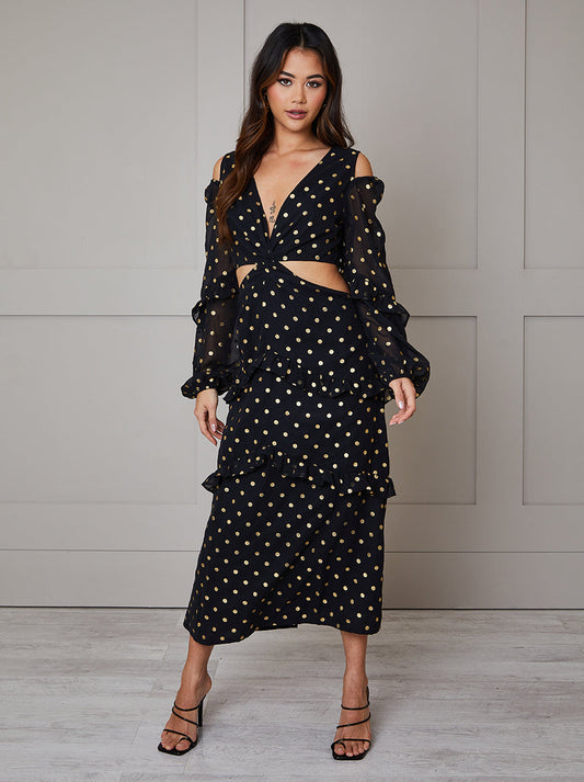 Petite Long Sleeve Ruffle Detail Foil Spot Detail Maxi Dress in Black