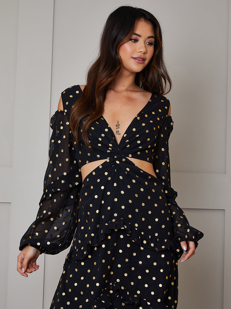 Petite Long Sleeve Ruffle Detail Foil Spot Detail Maxi Dress in Black