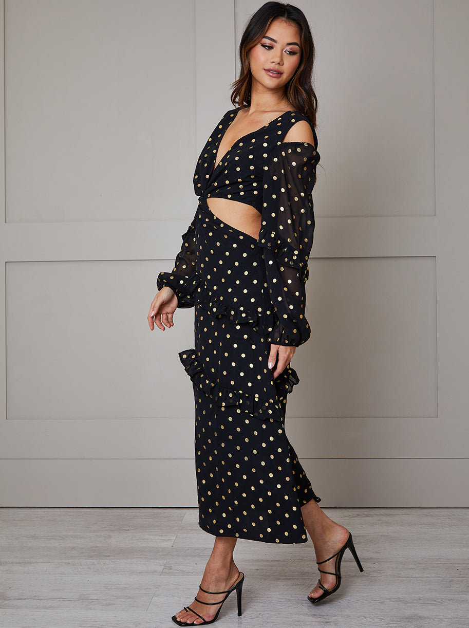 Petite Long Sleeve Ruffle Detail Foil Spot Detail Maxi Dress in Black