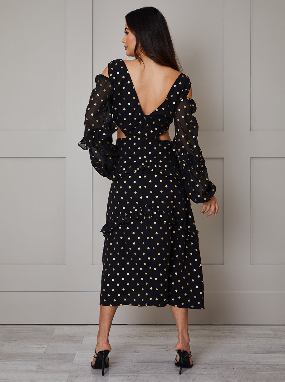 Petite Long Sleeve Ruffle Detail Foil Spot Detail Maxi Dress in Black