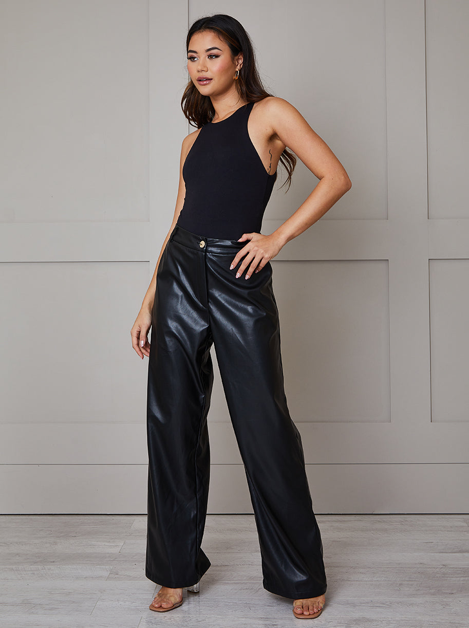 Faux Leather Wide Leg Trousers in Black