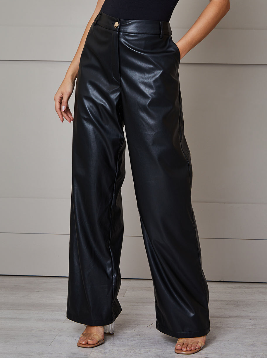 Faux Leather Wide Leg Trousers in Black