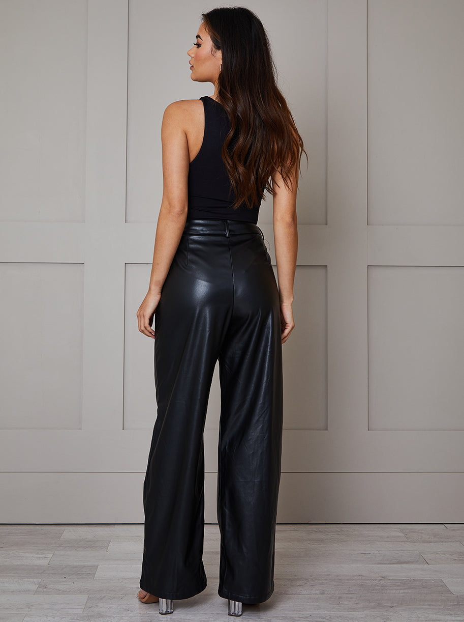 Faux Leather Wide Leg Trousers in Black