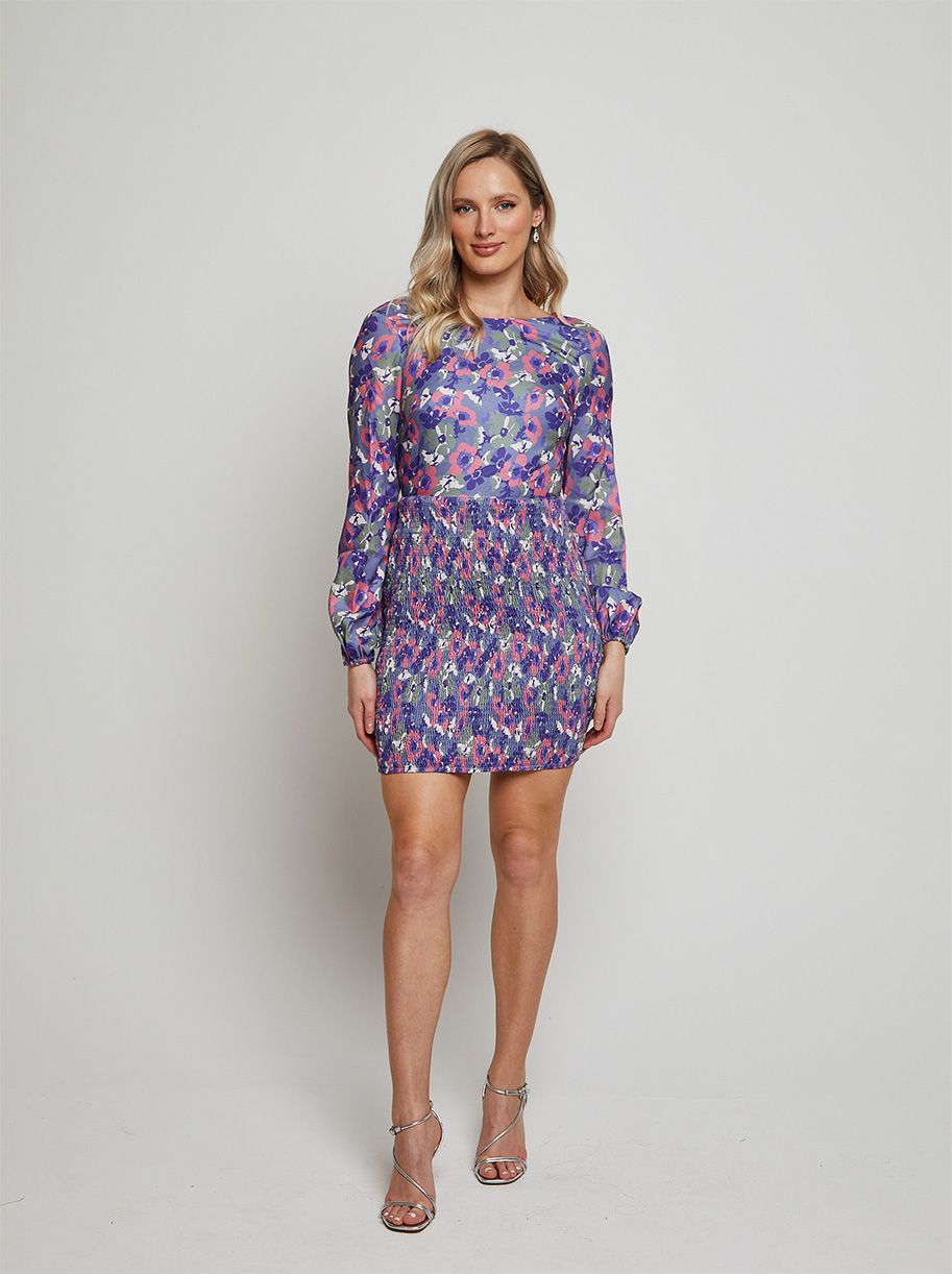 V Neck Long Sleeve Floral Mini Dress in Blue