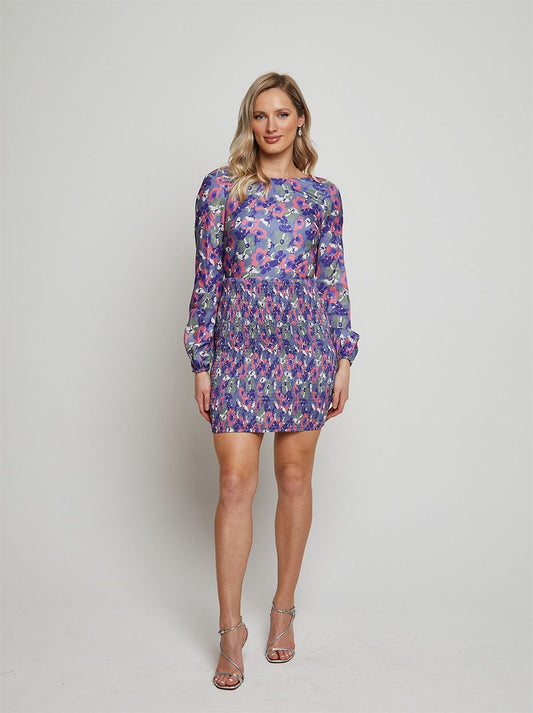 V Neck Long Sleeve Floral Mini Dress in Blue