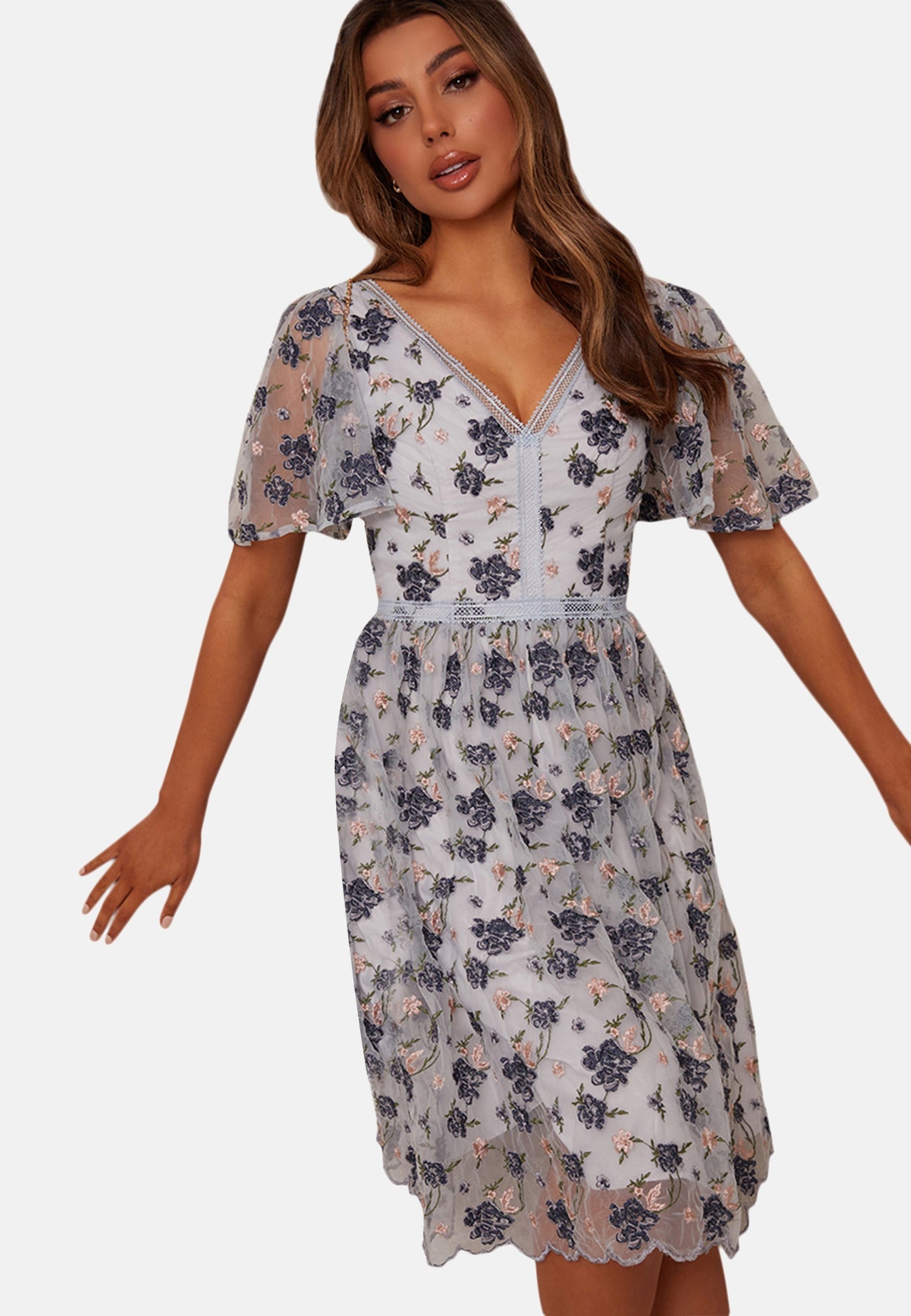 V Neck Floral Embroidered Lace Midi Dress in Blue