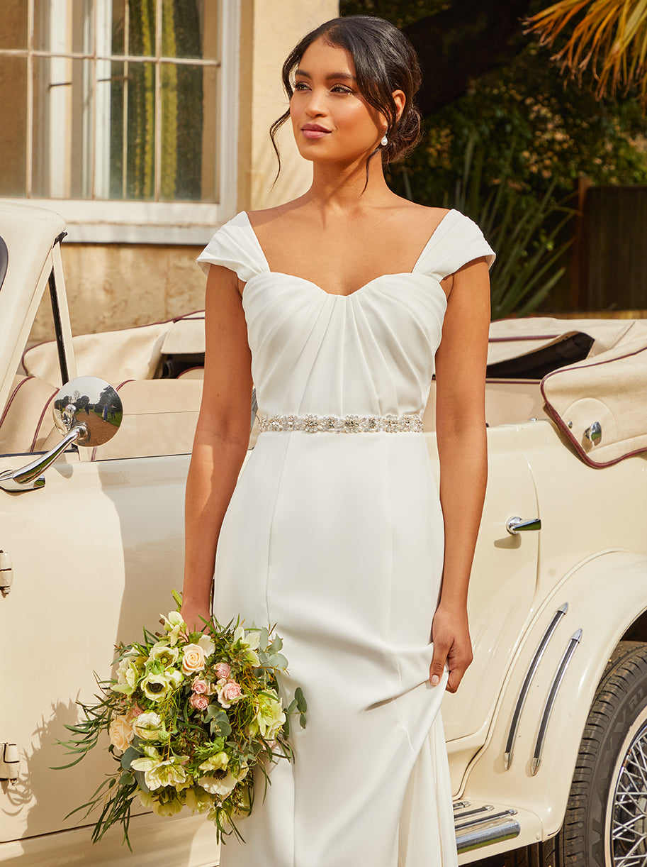 Pleated Bodice Wedding Dress in White