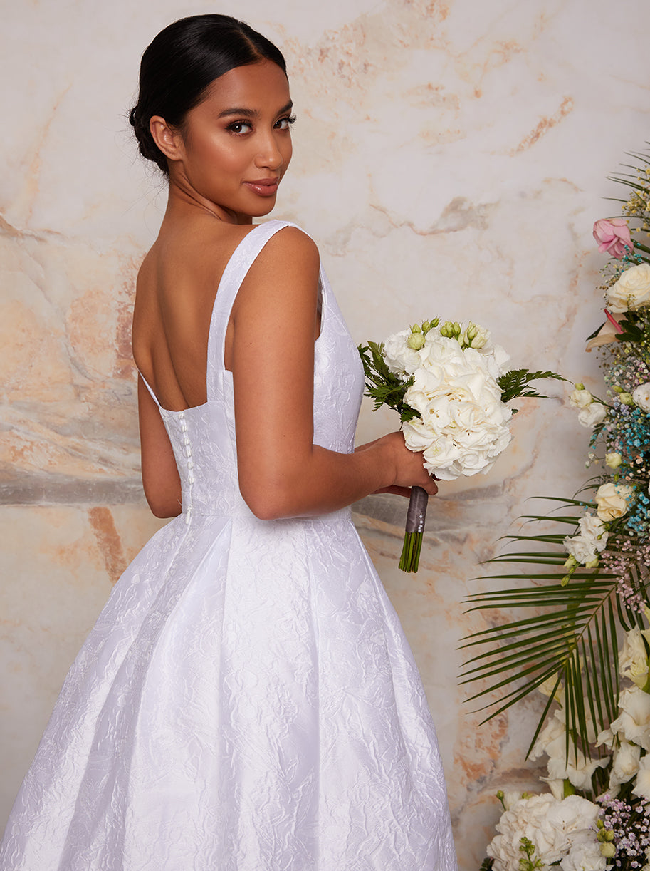 Petite Sleeveless Textured Wedding Dress with Train in White