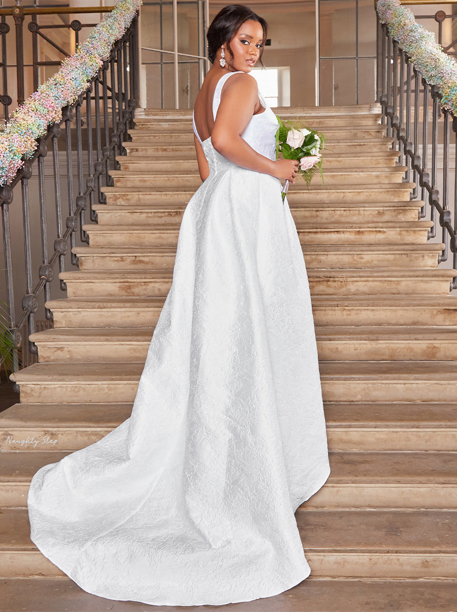 Petite Sleeveless Textured Wedding Dress with Train in White