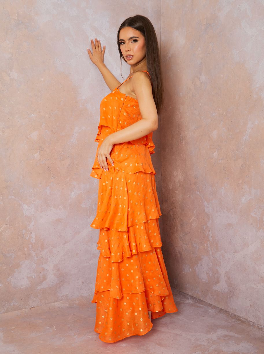 Cami Foil Spot Print Tiered Maxi Dress in Orange