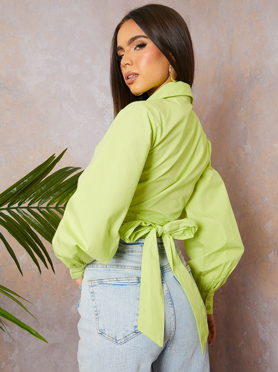 Cotton Poplin Wrap Shirt in Chartreuse