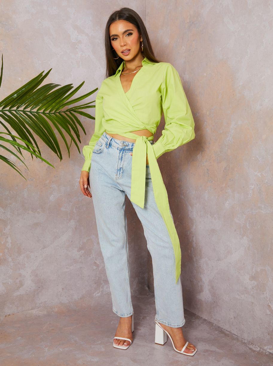 Cotton Poplin Wrap Shirt in Chartreuse