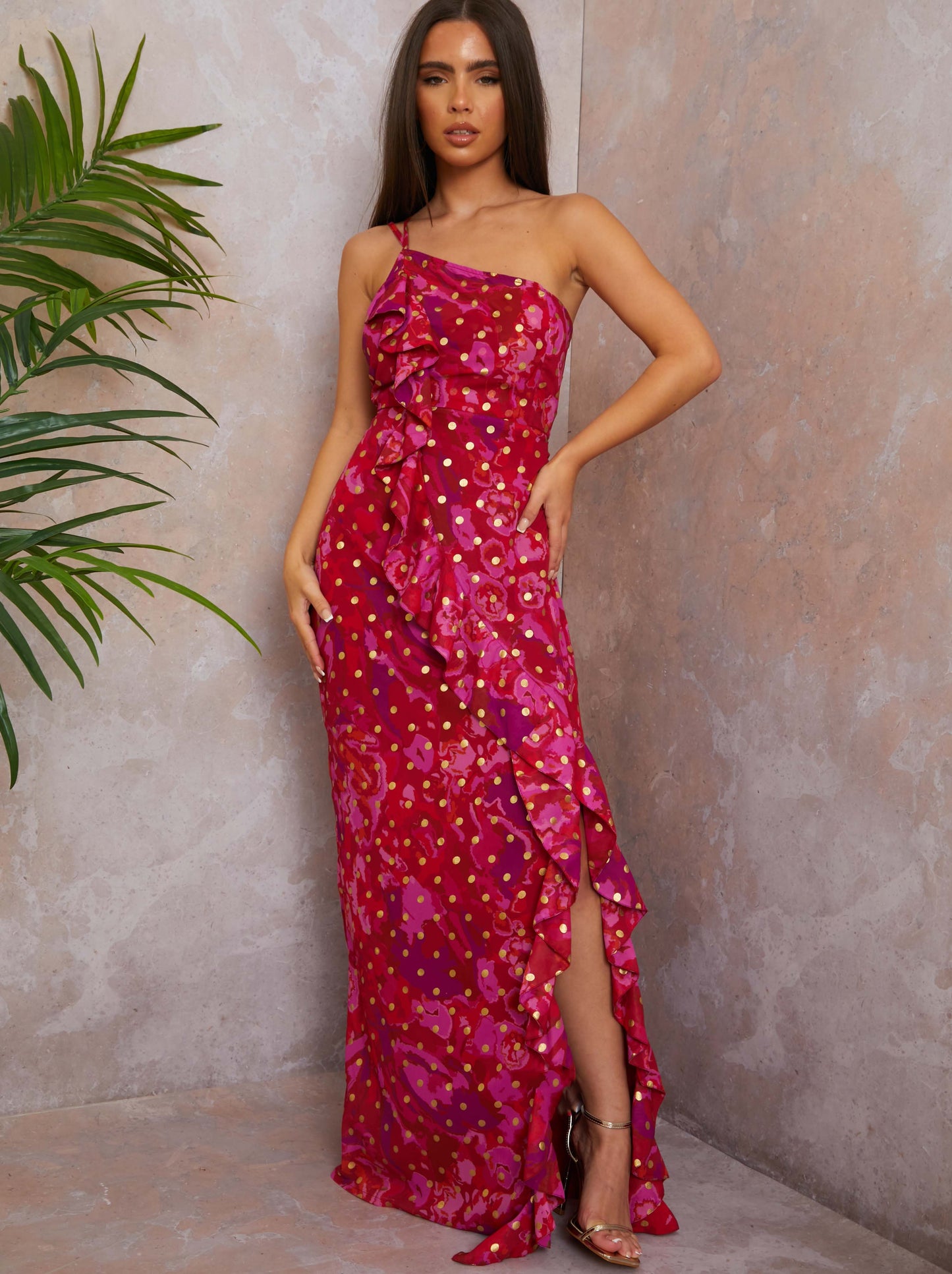 One Shoulder Ruffle Detail Foil Spot Maxi Dress in Berry