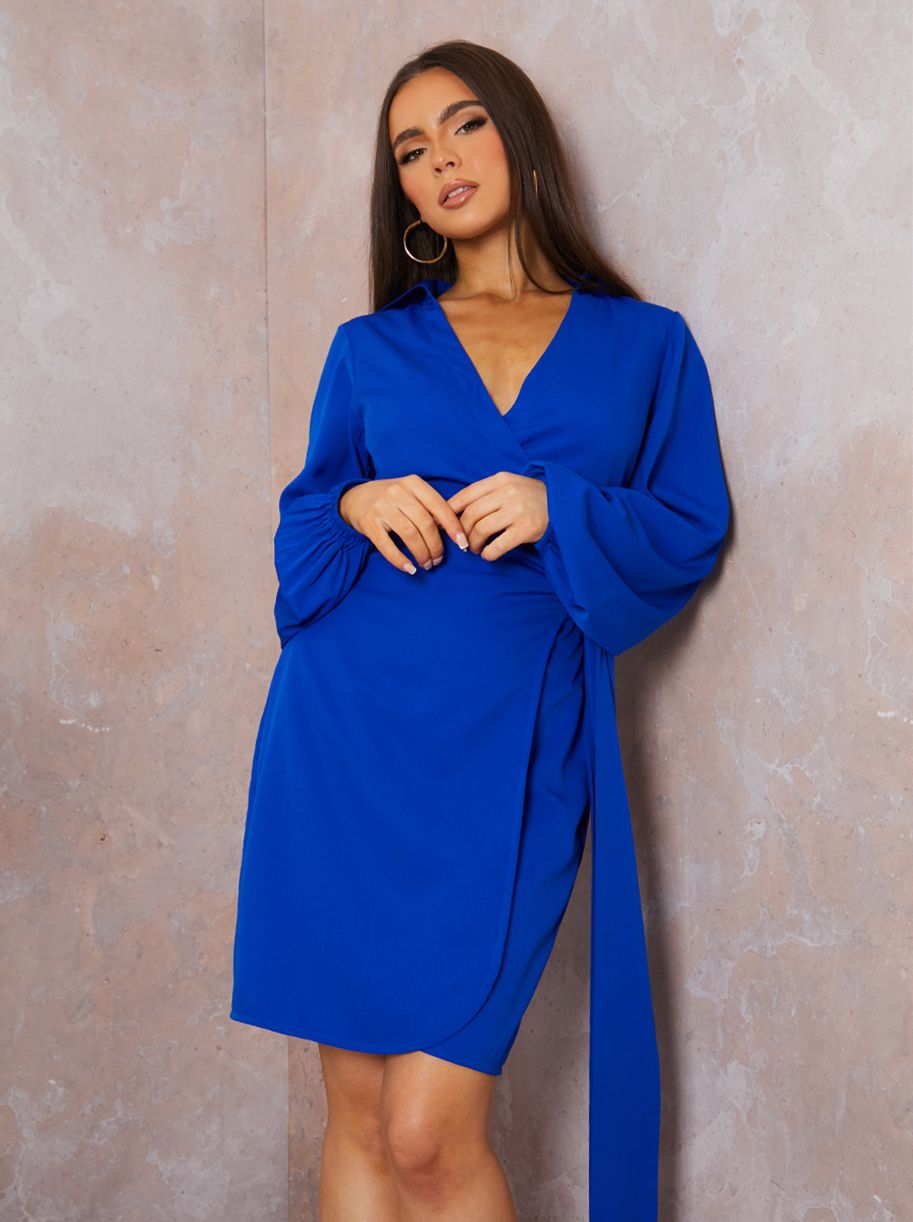 Long Sleeve Wrap Detail Shirt Dress in Cobalt