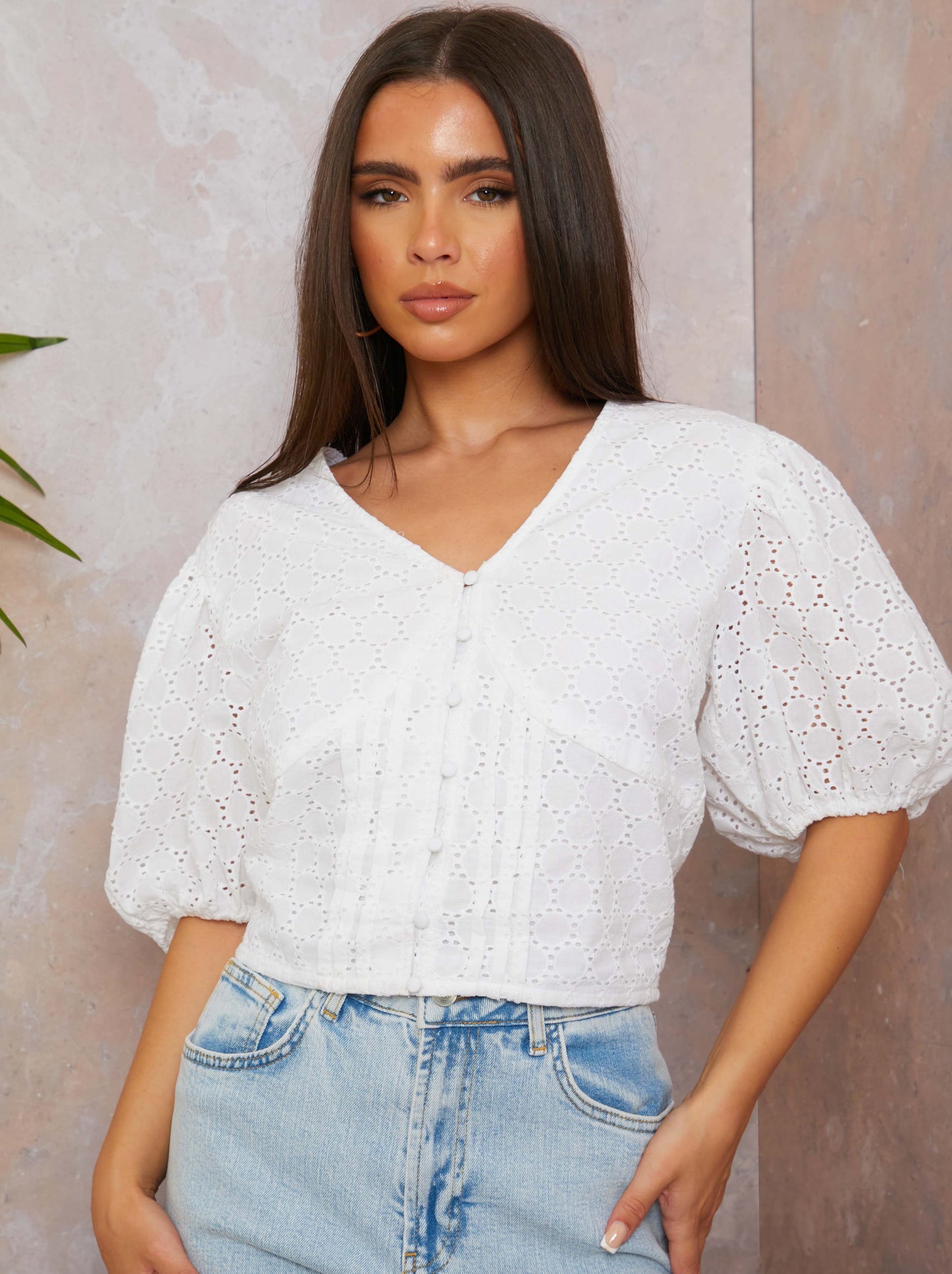 V Neck Puff Sleeve Broderie Top in White