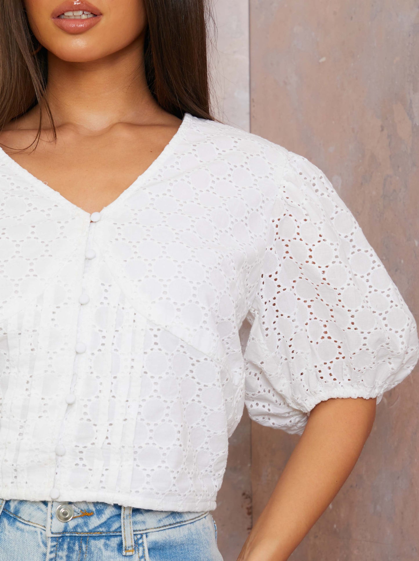 V Neck Puff Sleeve Broderie Top in White