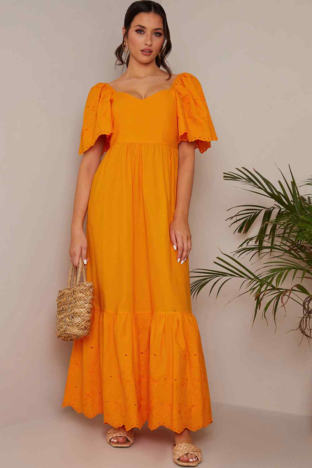 Broderie Anglaise Sleeve Poplin Maxi Dress in Orange