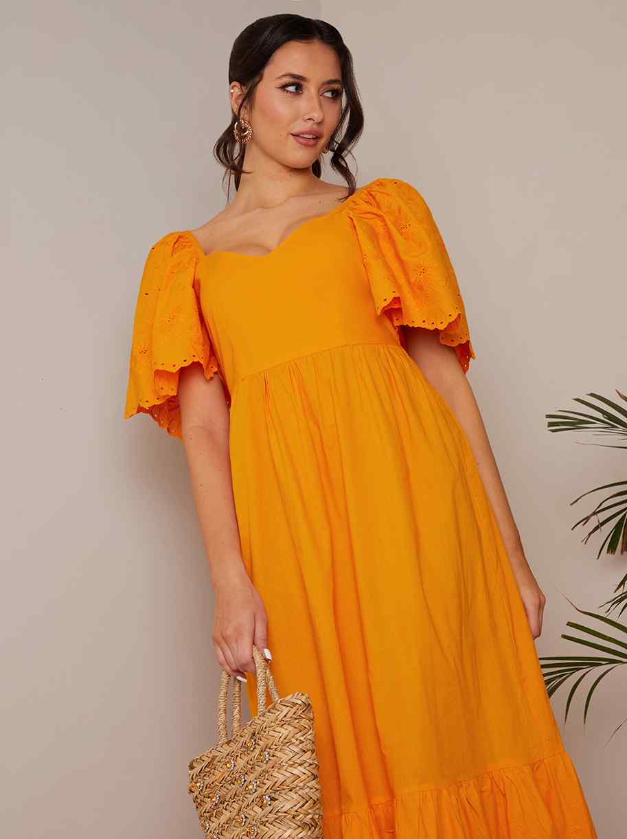 Broderie Anglaise Sleeve Poplin Maxi Dress in Orange