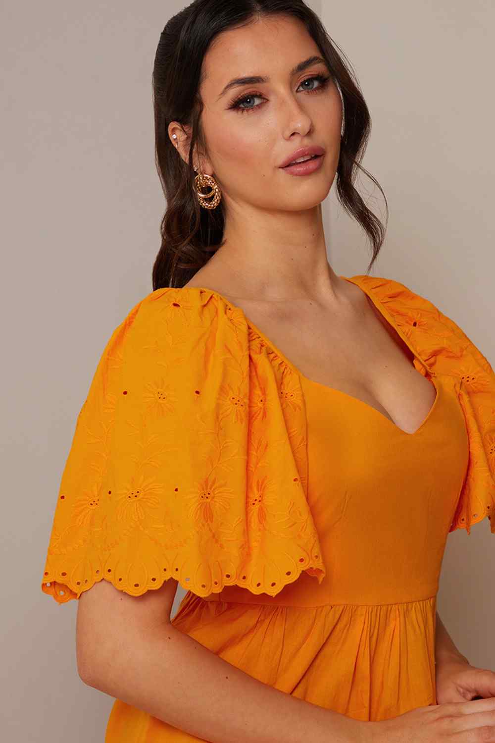 Broderie Anglaise Sleeve Poplin Maxi Dress in Orange