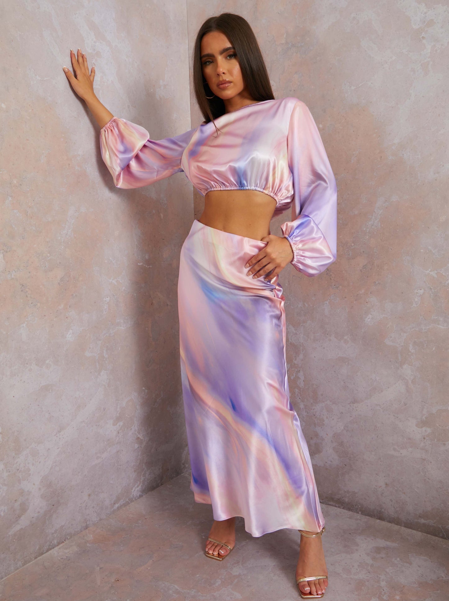 Balloon Sleeve Satin Ombre Crop Top in Multi