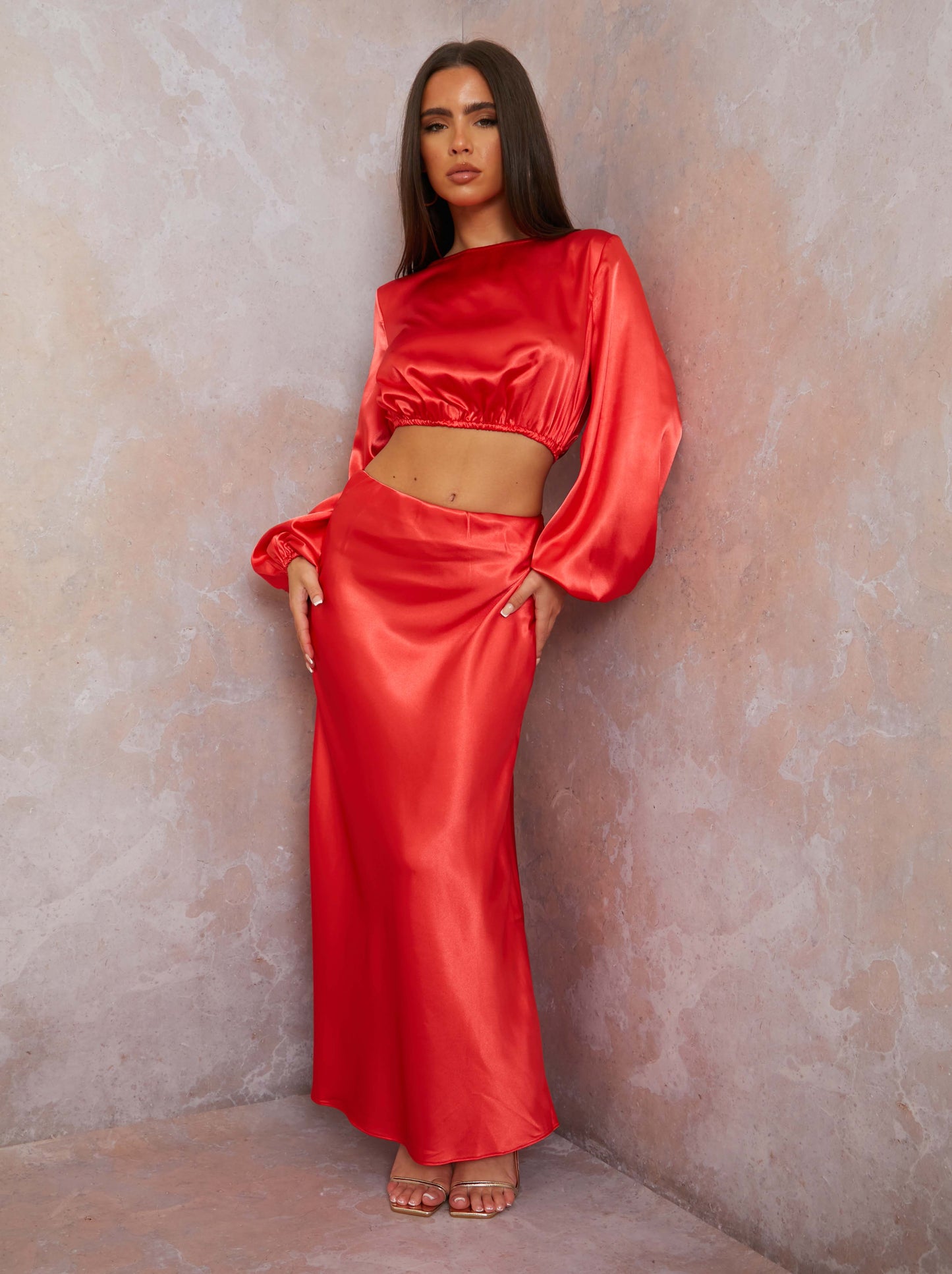 Balloon Sleeve Satin Crop Top in Red