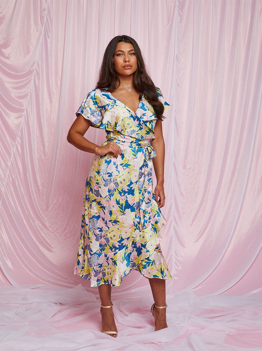 V Neck Floral Wrap Midi Dress in Multi