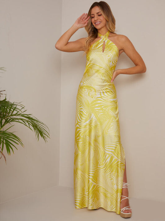 Halterneck Abstract Print Maxi Dress in Yellow