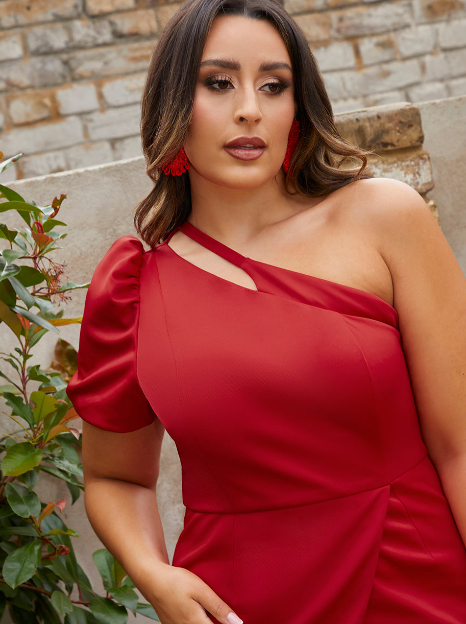 One Shoulder Puff Sleeve Bodycon Mini Dress in Red