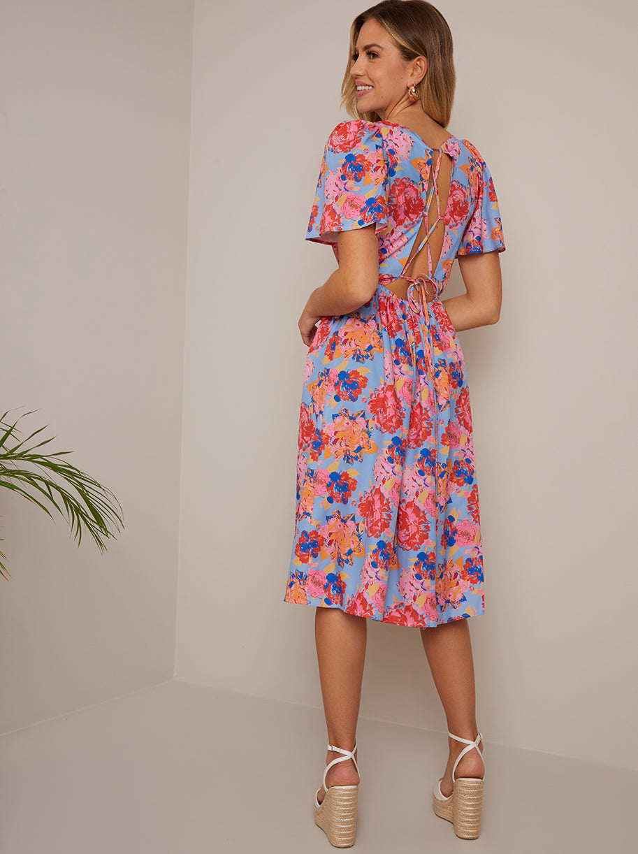 Petite Square Neck Floral Midi Dress in Blue