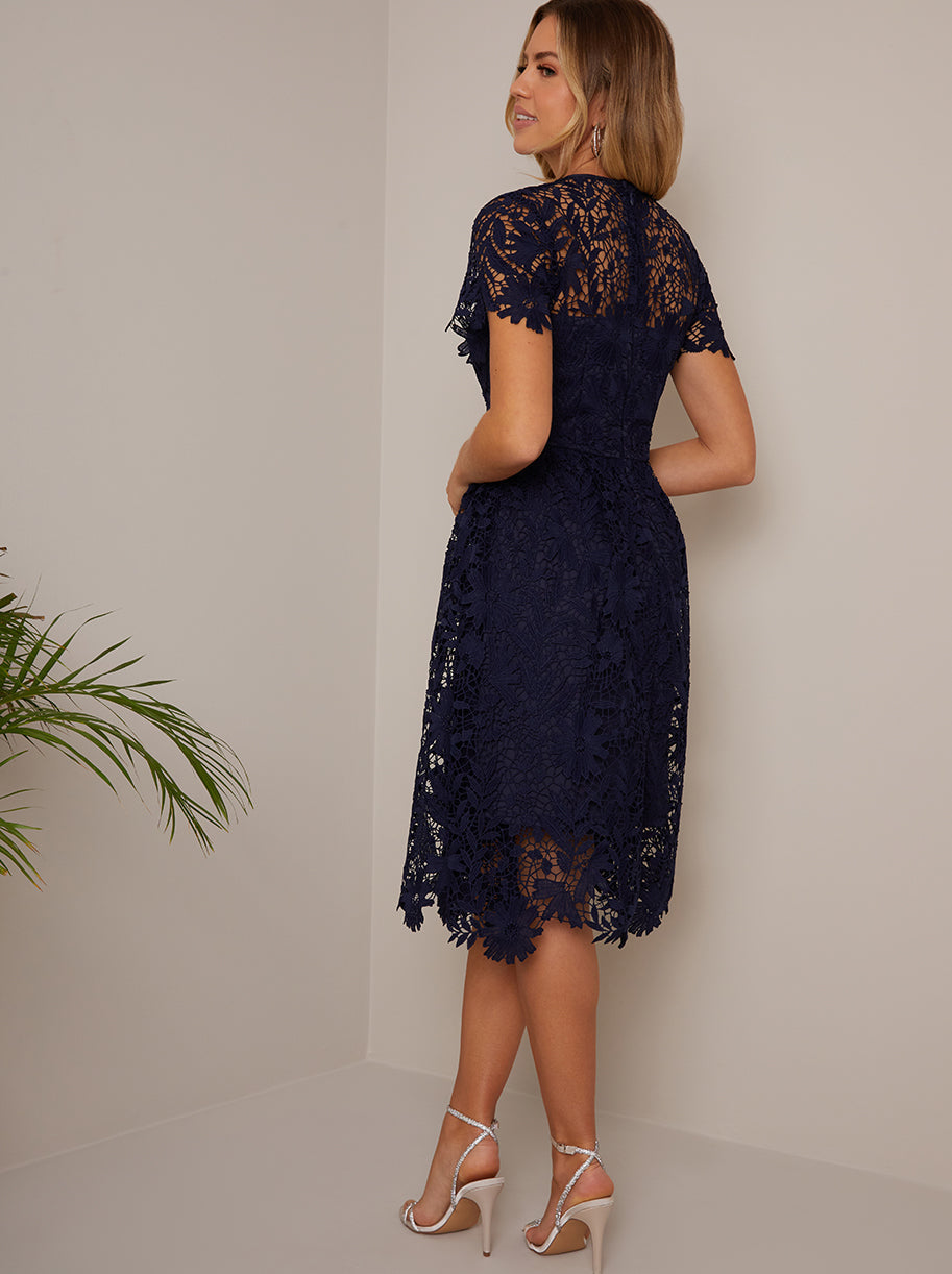 V Neck Fit and Flare Lace Midi Dress in Navy