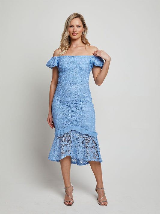 Petite Bardot Premium Lace Peplum Midi Dress in Blue