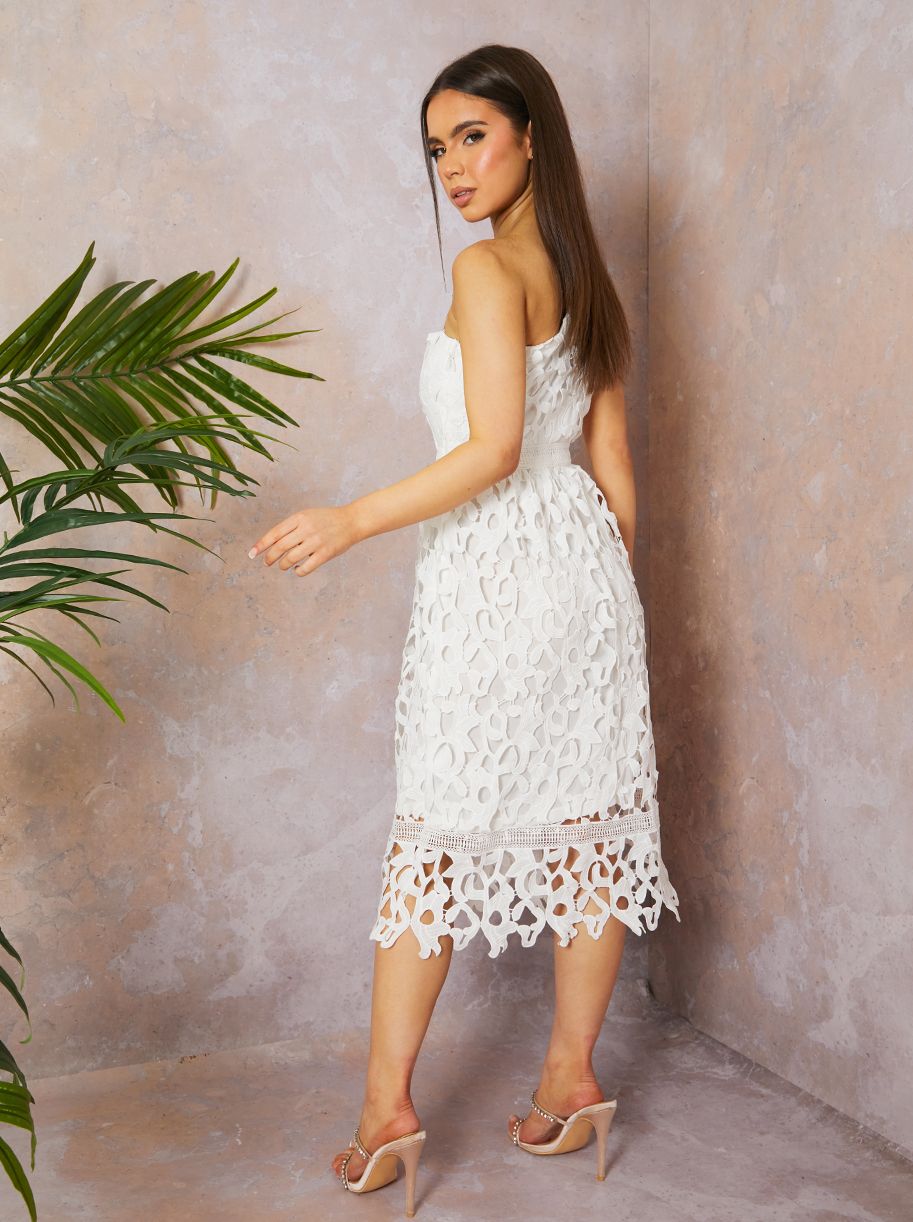 One Shoulder Premium Lace Midi Dress in White