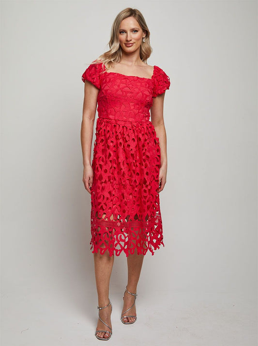 Bardot Premium Lace Fit and Flare Midi Dress in Hot Pink