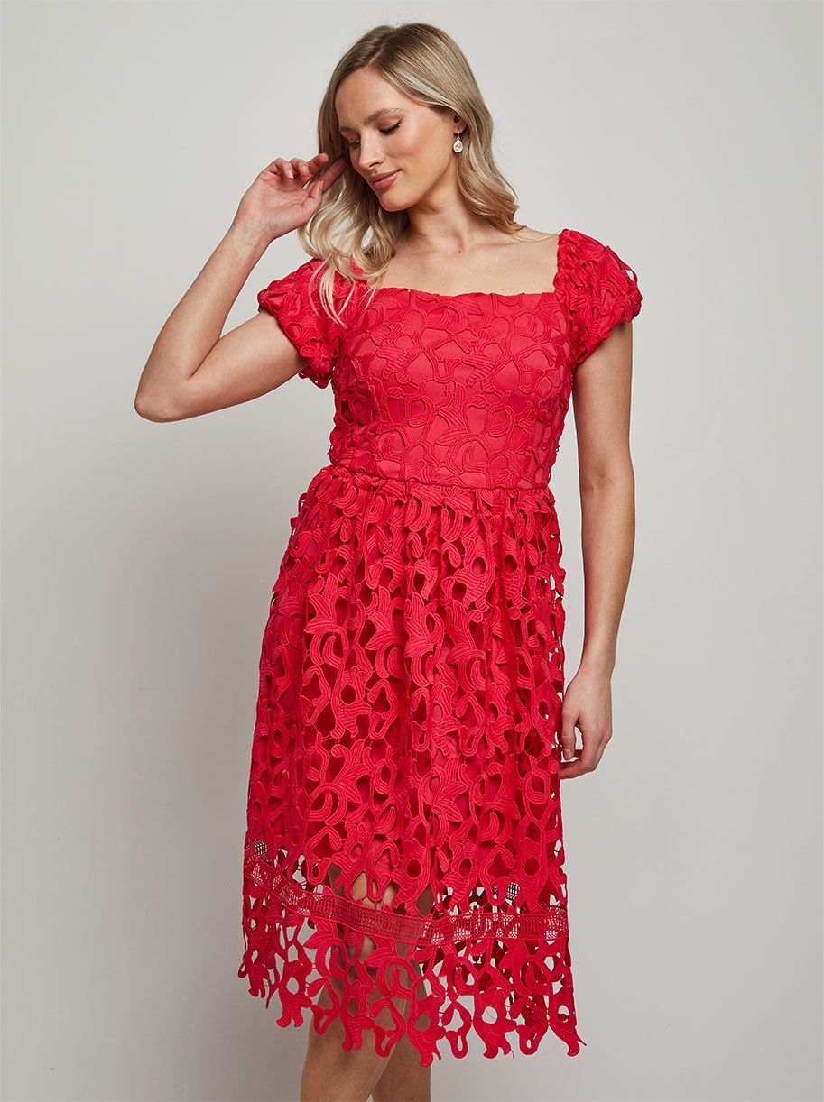 Bardot Premium Lace Fit and Flare Midi Dress in Hot Pink