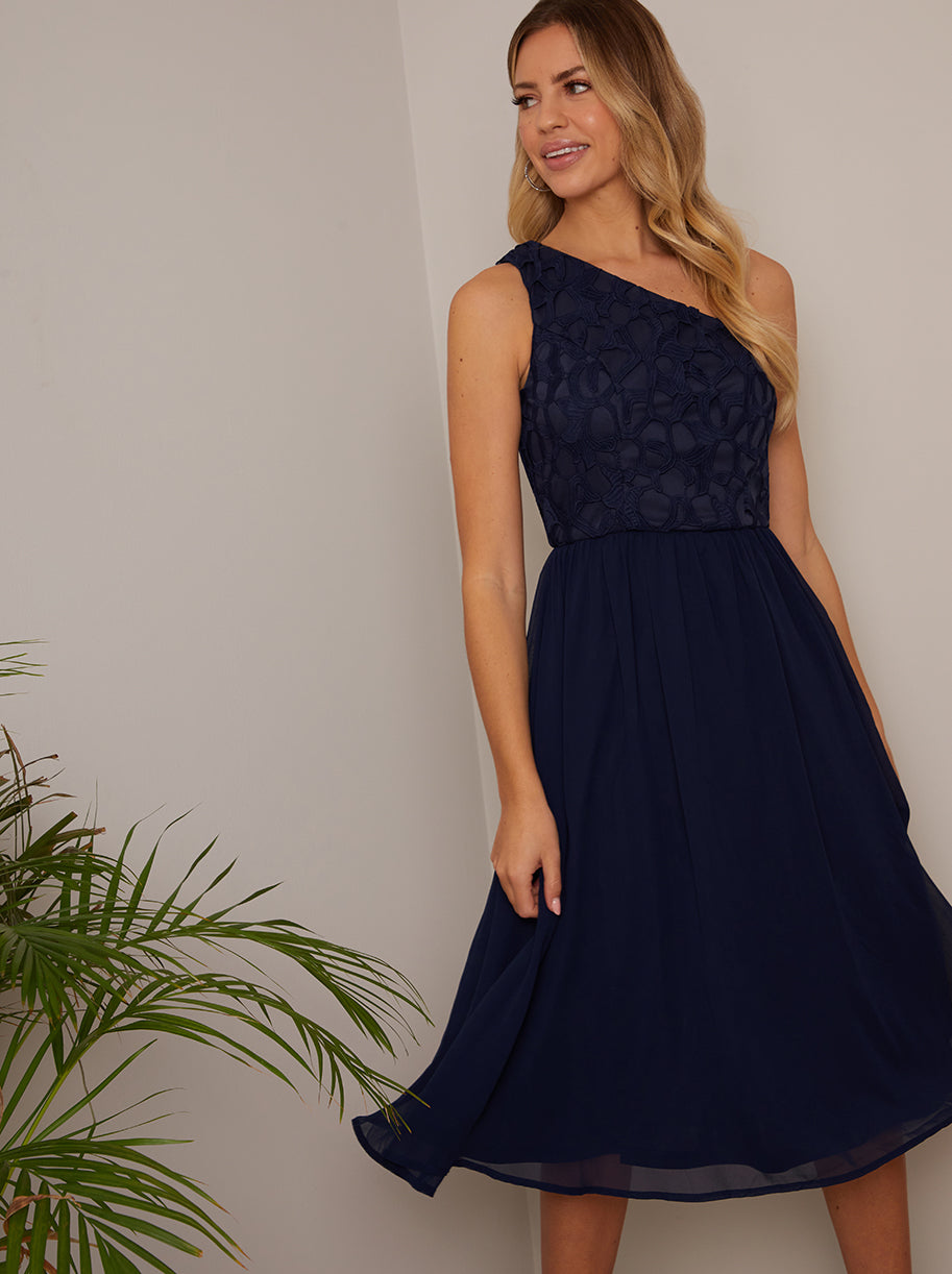 One Shoulder Premium Lace Chiffon Midi Dress in Navy