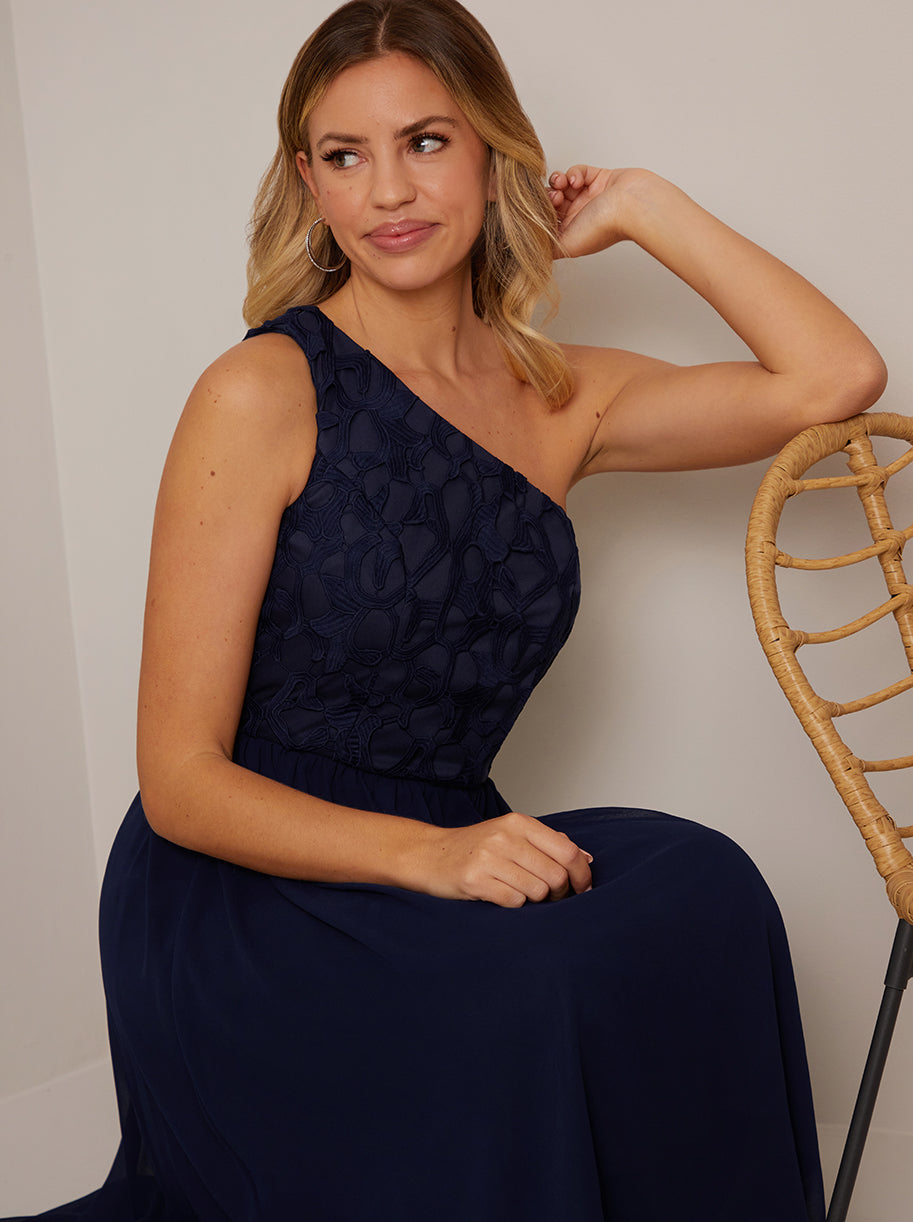 One Shoulder Premium Lace Chiffon Midi Dress in Navy