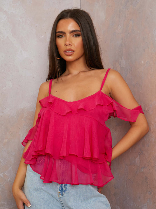 Asymmetric Ruffle Detail Top in Pink