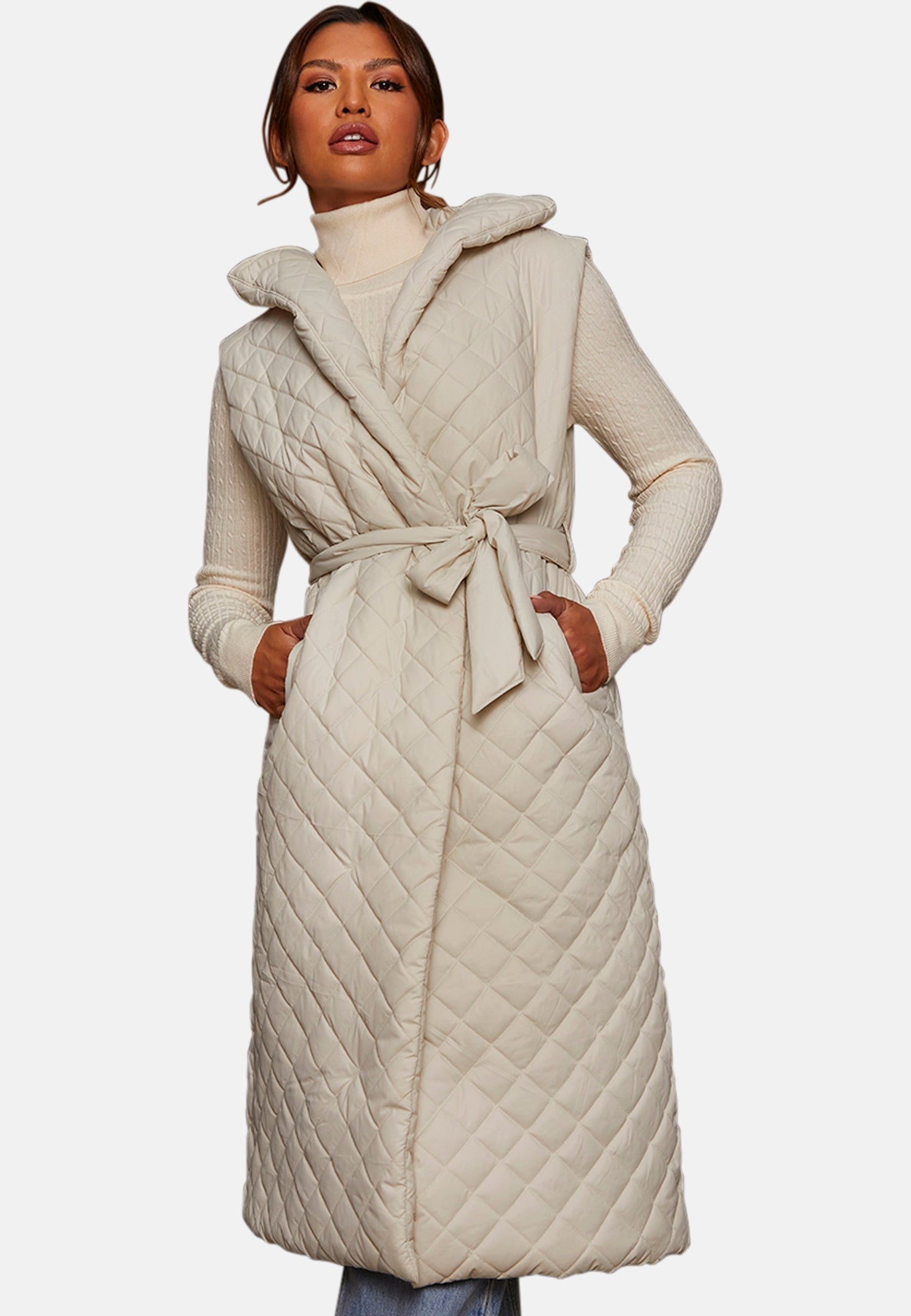 Diamond Quilted Longline Belted Gilet in Cream