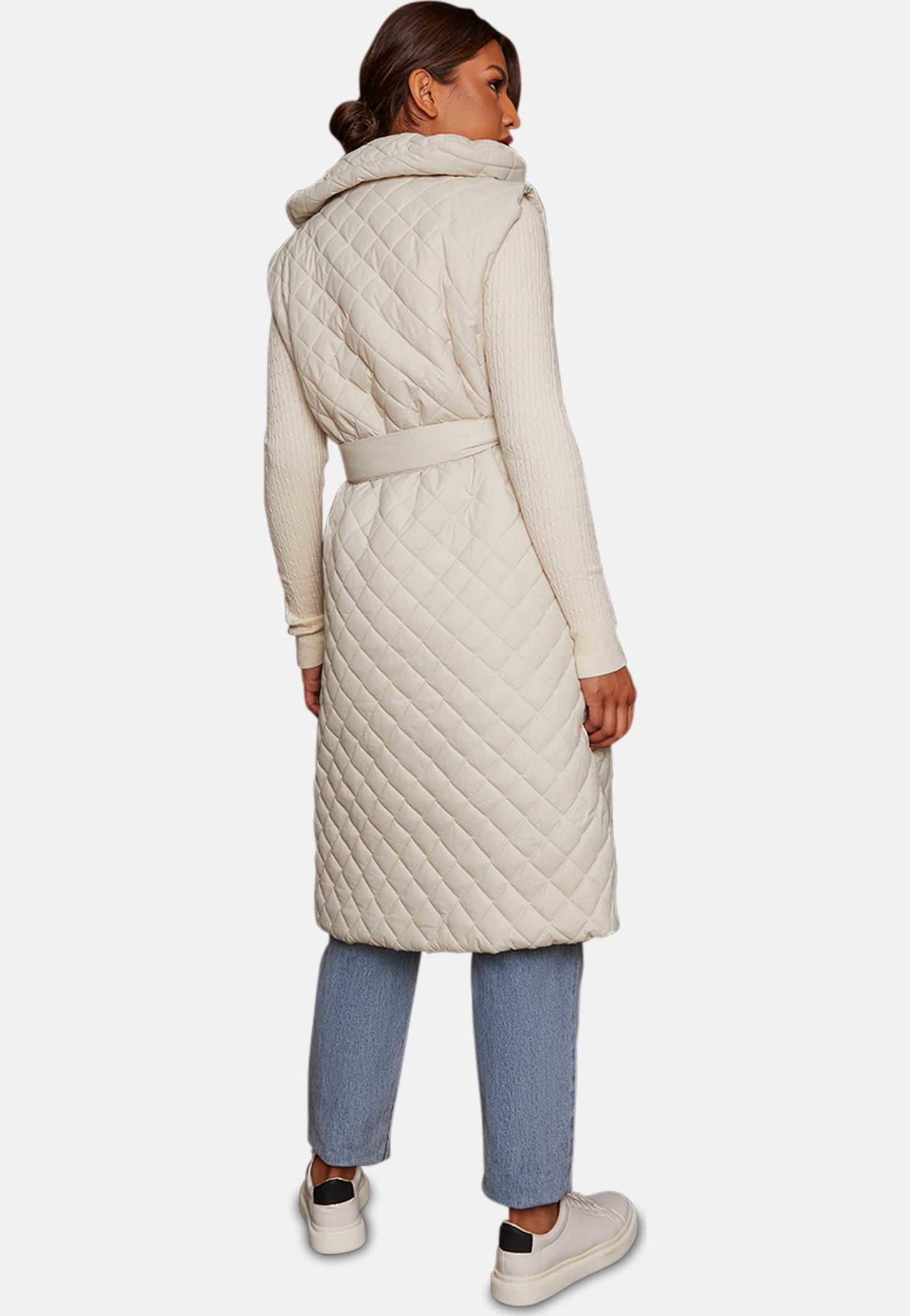 Diamond Quilted Longline Belted Gilet in Cream