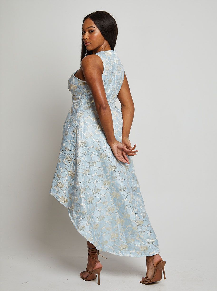 Cross Front Halter Floral Jacquard Dip Hem Dress in Blue